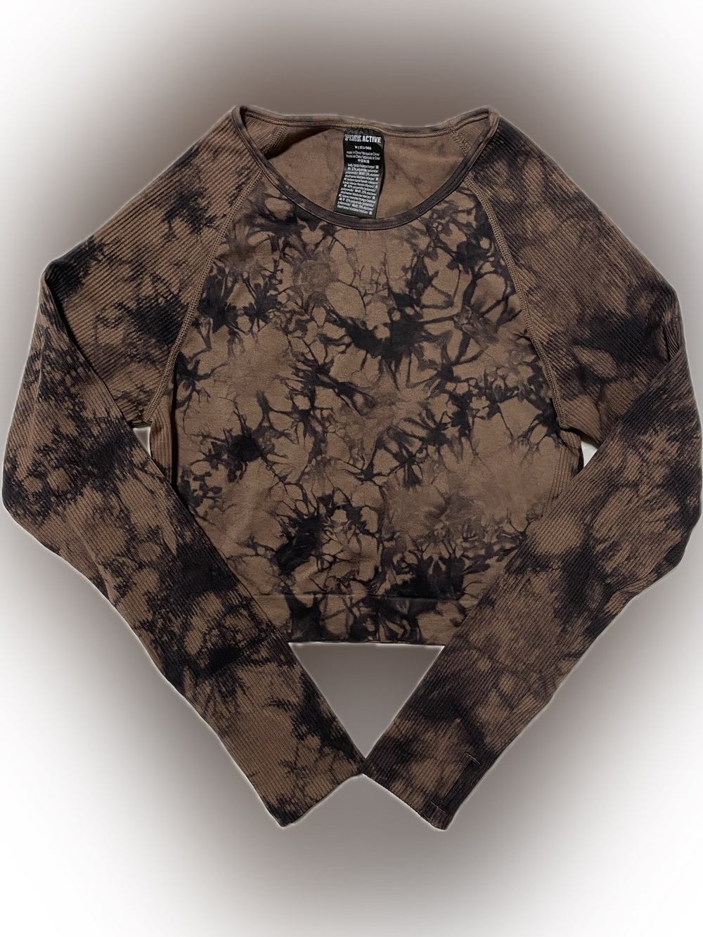 PINK Victoria's Secret Brown and Black Tie-Dye Ribbed Long Sleeve Crop Top